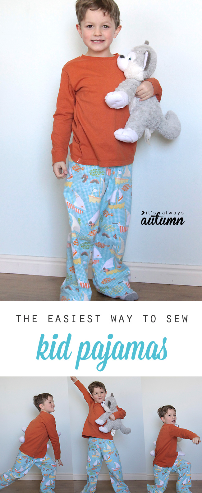 This tutorial explains the easiest way to sew kid pajamas - no pattern needed! Great Christmas gift idea. How to make easy pj's.