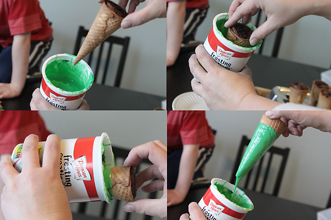 dipping ice cream cones in melted green frosting