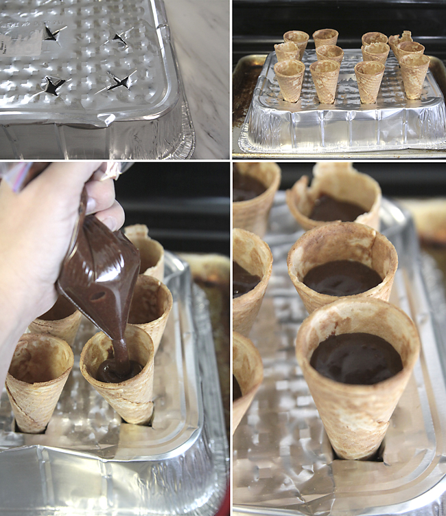 Filling ice cream cones with brownie batter