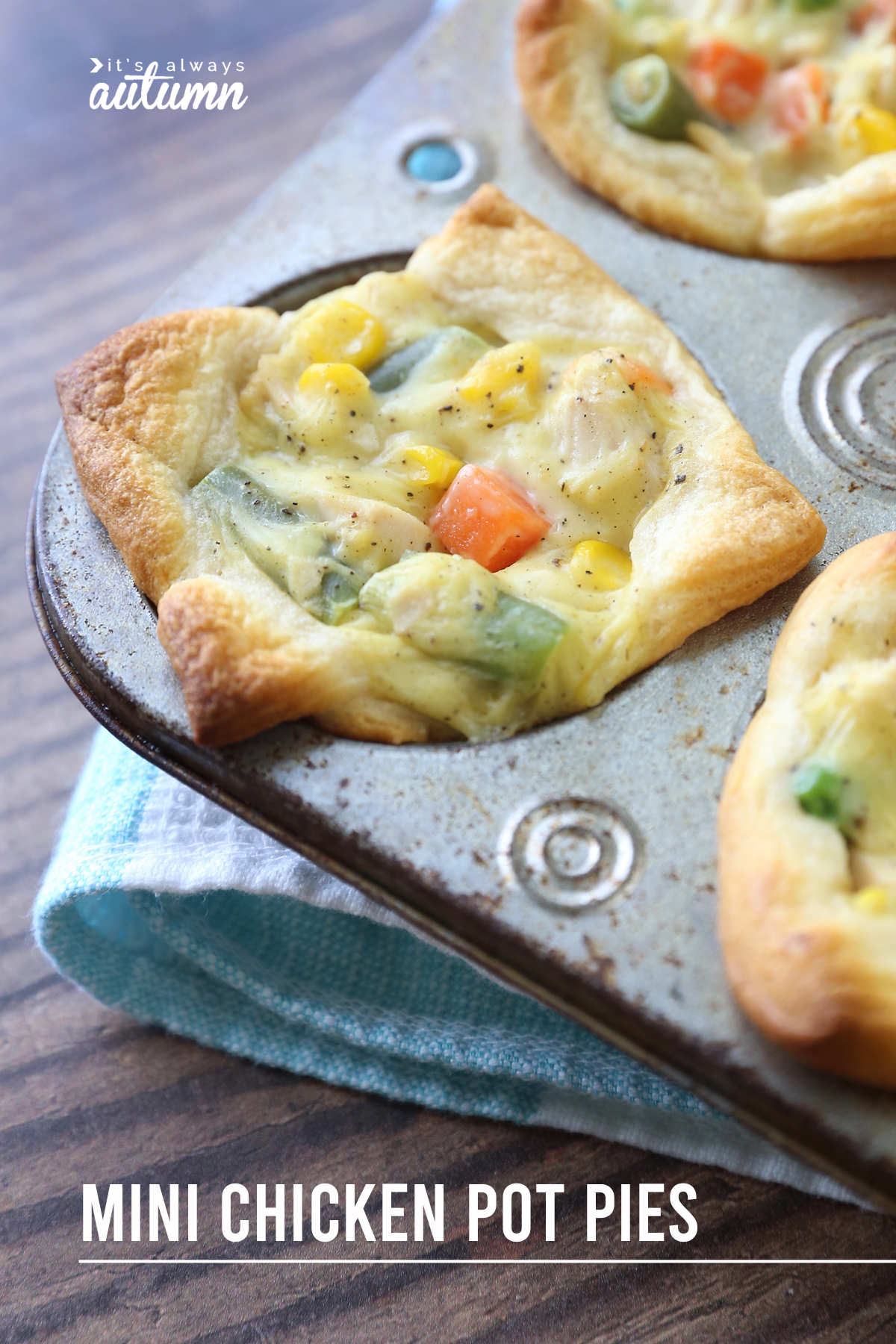 A mini chicken pot pie in a muffin tin