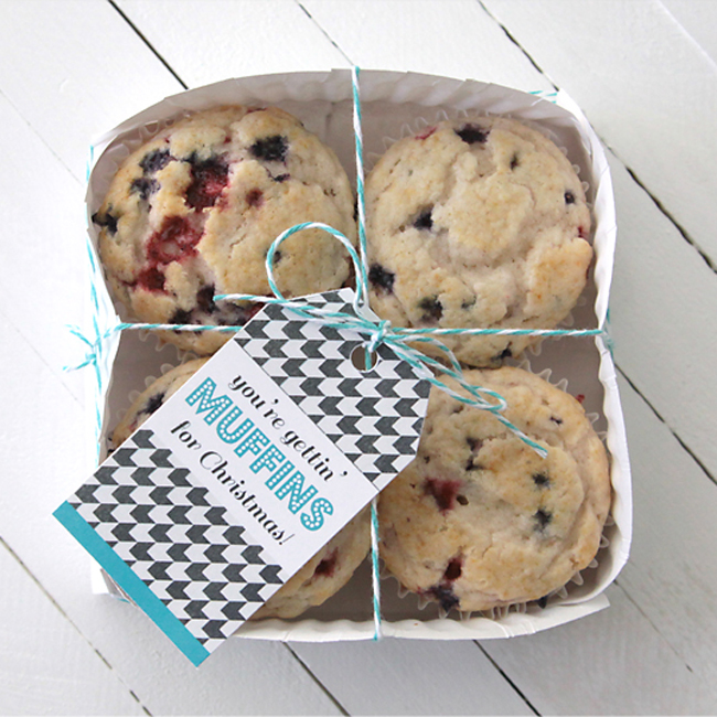 Muffins in a paper plate basket with gift tag