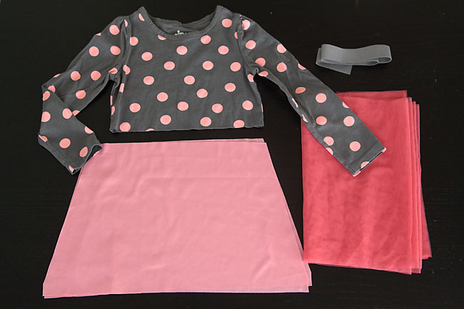 Ballet dress pieces: long sleeve t-shirt, pink underskirt, pink tulle, grey elastic