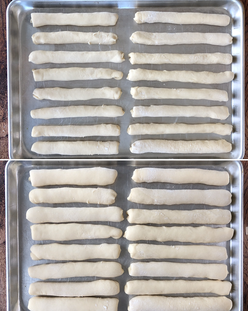 Breadsticks on a baking sheet before and after rise