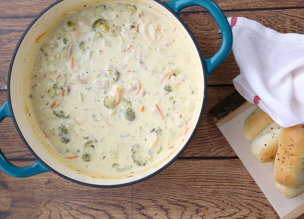 Creamy chicken and rice soup in a pot