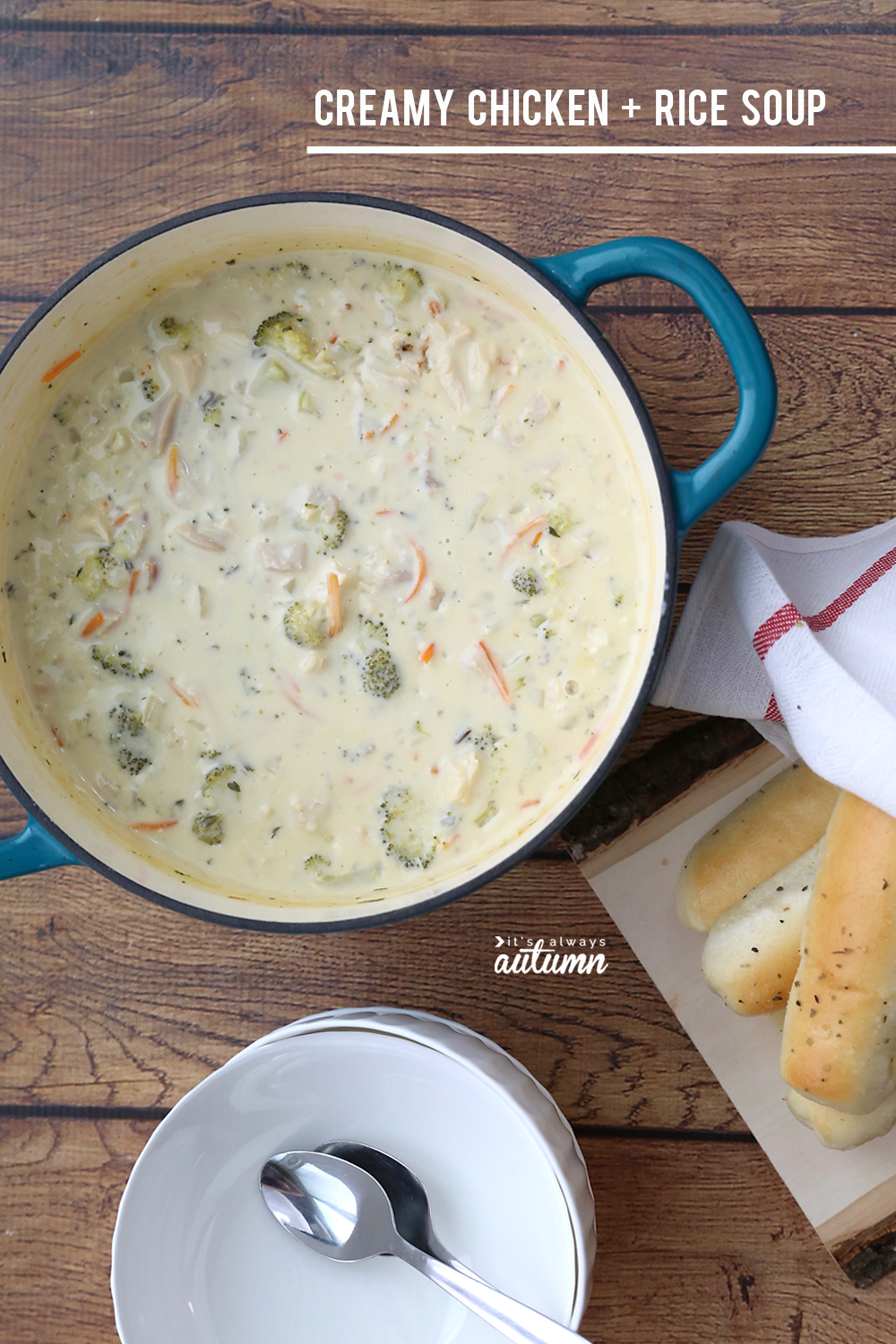 Creamy chicken and rice soup in a pot