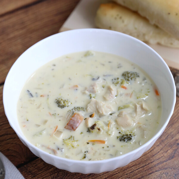 This creamy chicken and rice soup is divine! It's comfort food at it's finest AND very reasonable calorie wise!