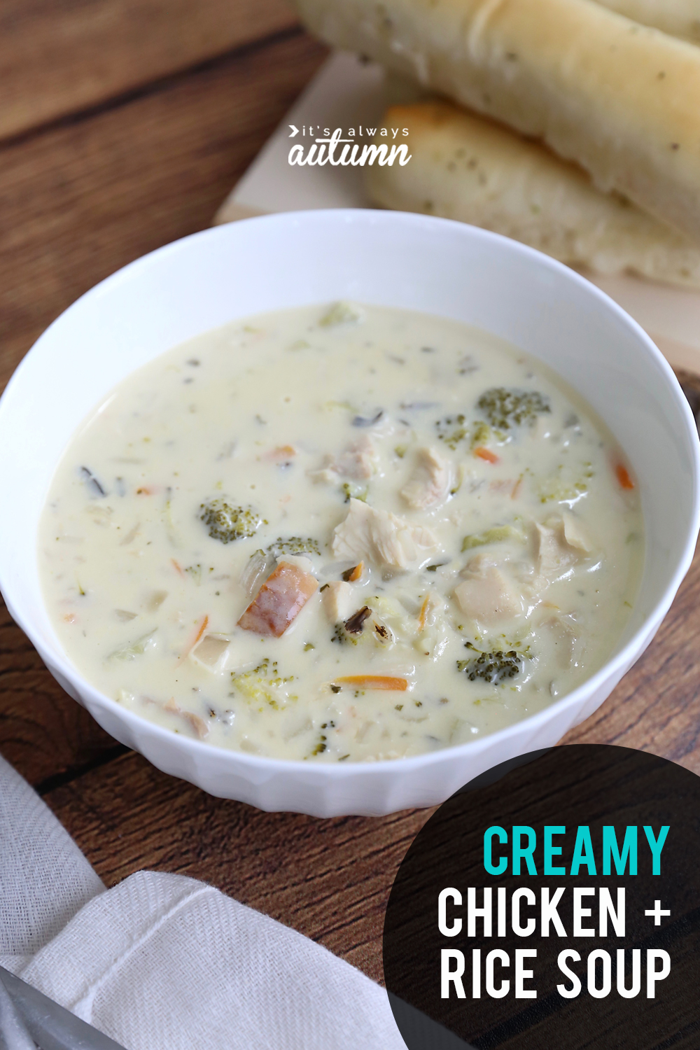 A bowl of creamy chicken and rice soup