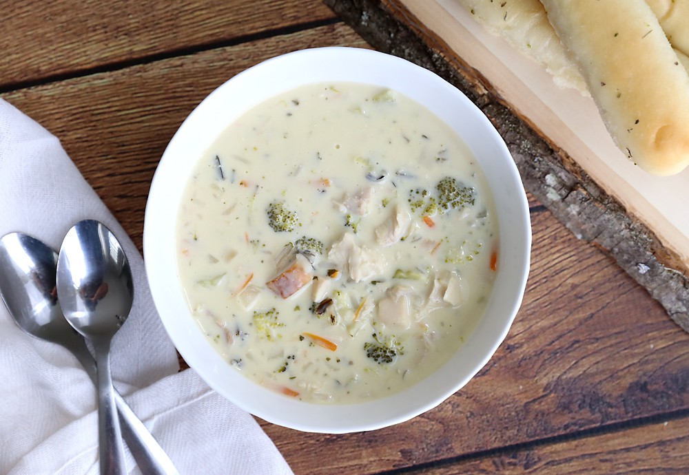 Creamy chicken and rice soup in a bowl