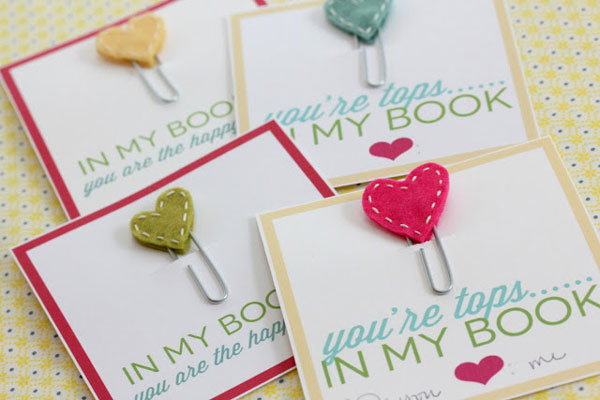 Felt heart bookmarks on a card that says you\'re tops in my book