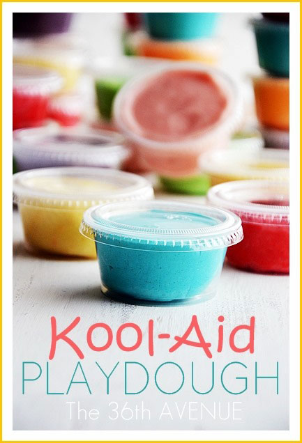 Homemade Kool-aid playdough in small containers