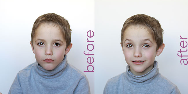 a young boy not smiling (before) and then smiling (after)