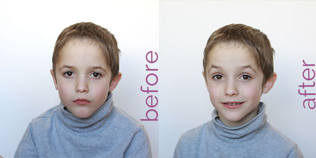 a young boy not smiling (before) and then smiling (after)