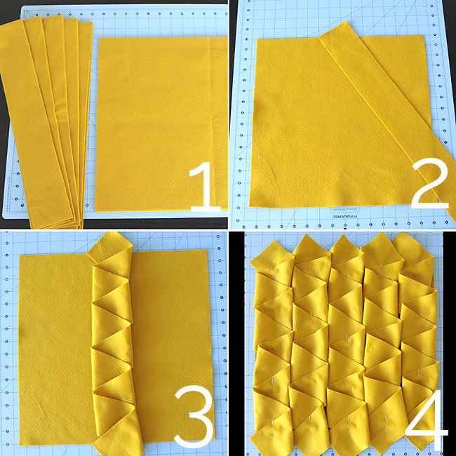 Using yellow fabric strips to make ruffles on throw pillow front