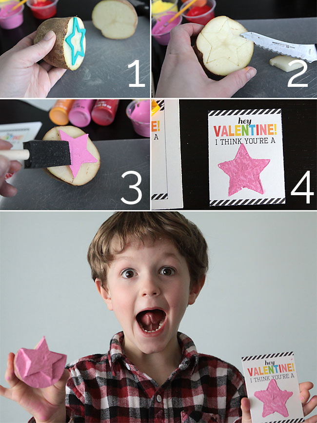 how to use potato stamps to make adorable Valentine's day cards