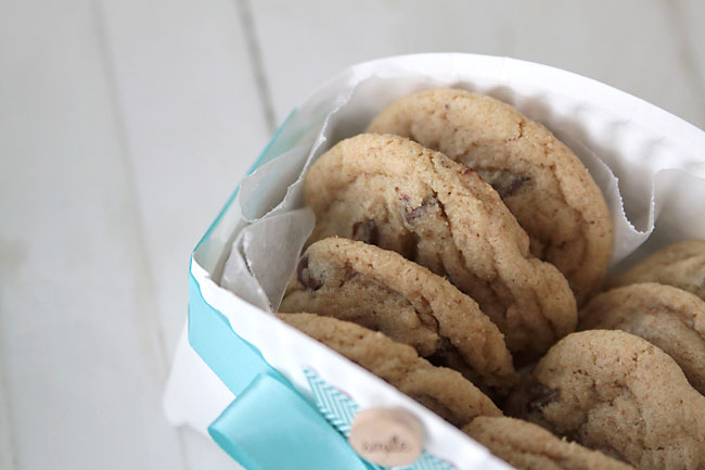 Cookies in a basket with a ribbon tied around it