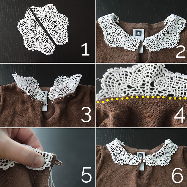 easy sewing tutorial for adding a cute doily collar to a girls sweater or shirt