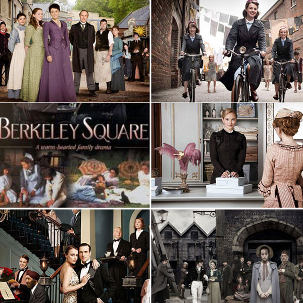 Collage of photos from period movies like Downton Abbey