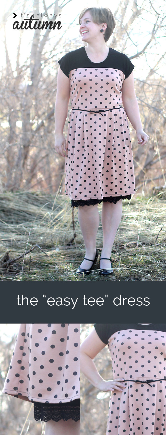 A woman wearing a polka dot dress made from a t-shirt sewing pattern