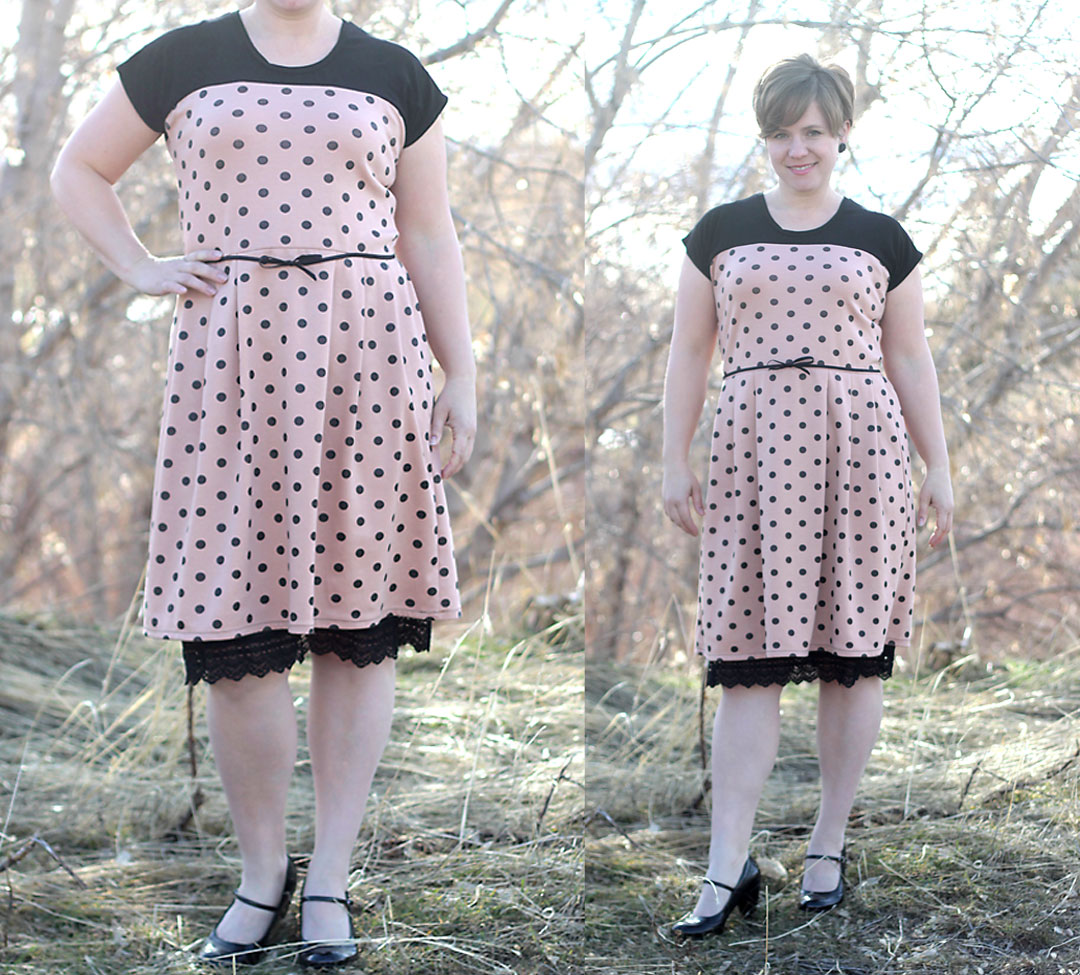A woman wearing a homemade polka dot dress
