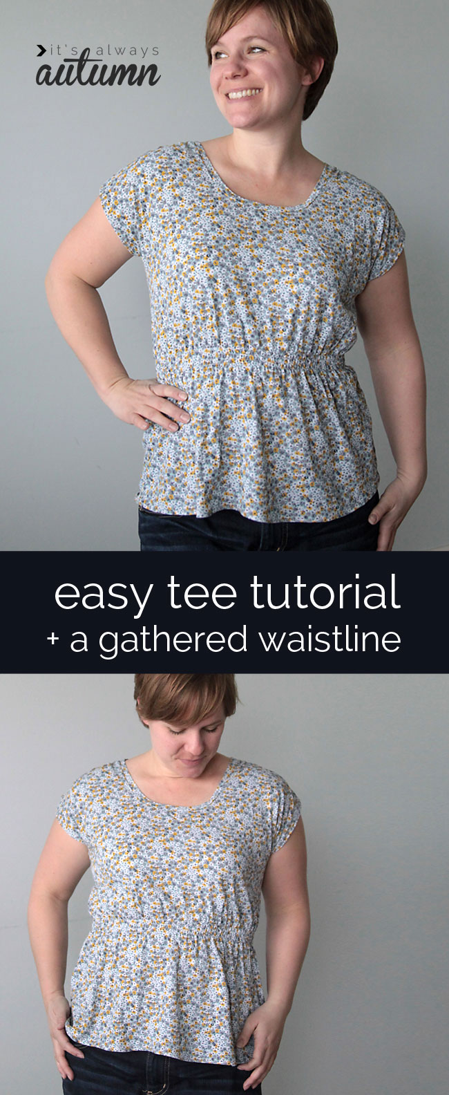 a woman wearing a floral shirt made from the easy tee tutorial with a gathered waistline