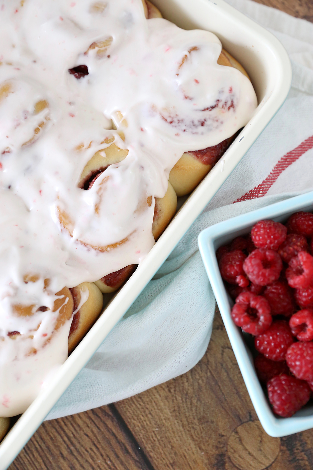 Raspberry sweet rolls in a 9x13 pan