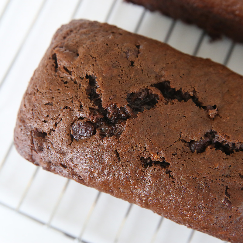 double chocolate banana bread loaf on a cooling rack
