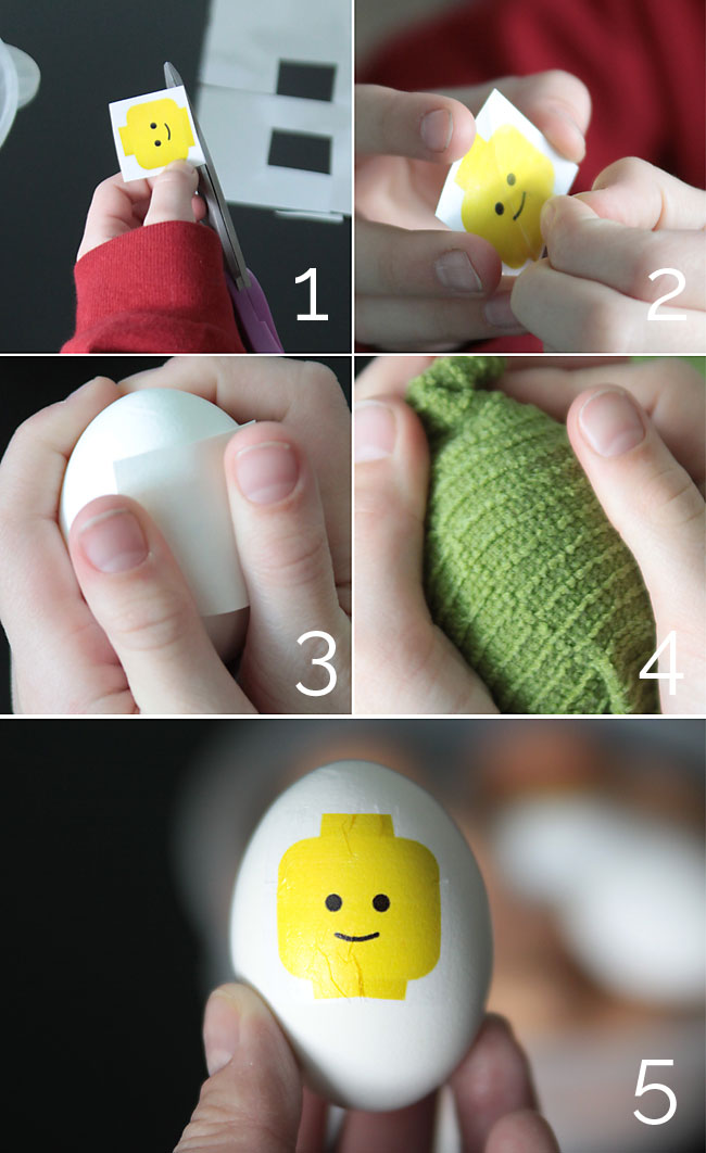 Cutting temporary lego tattoo and applying it to egg
