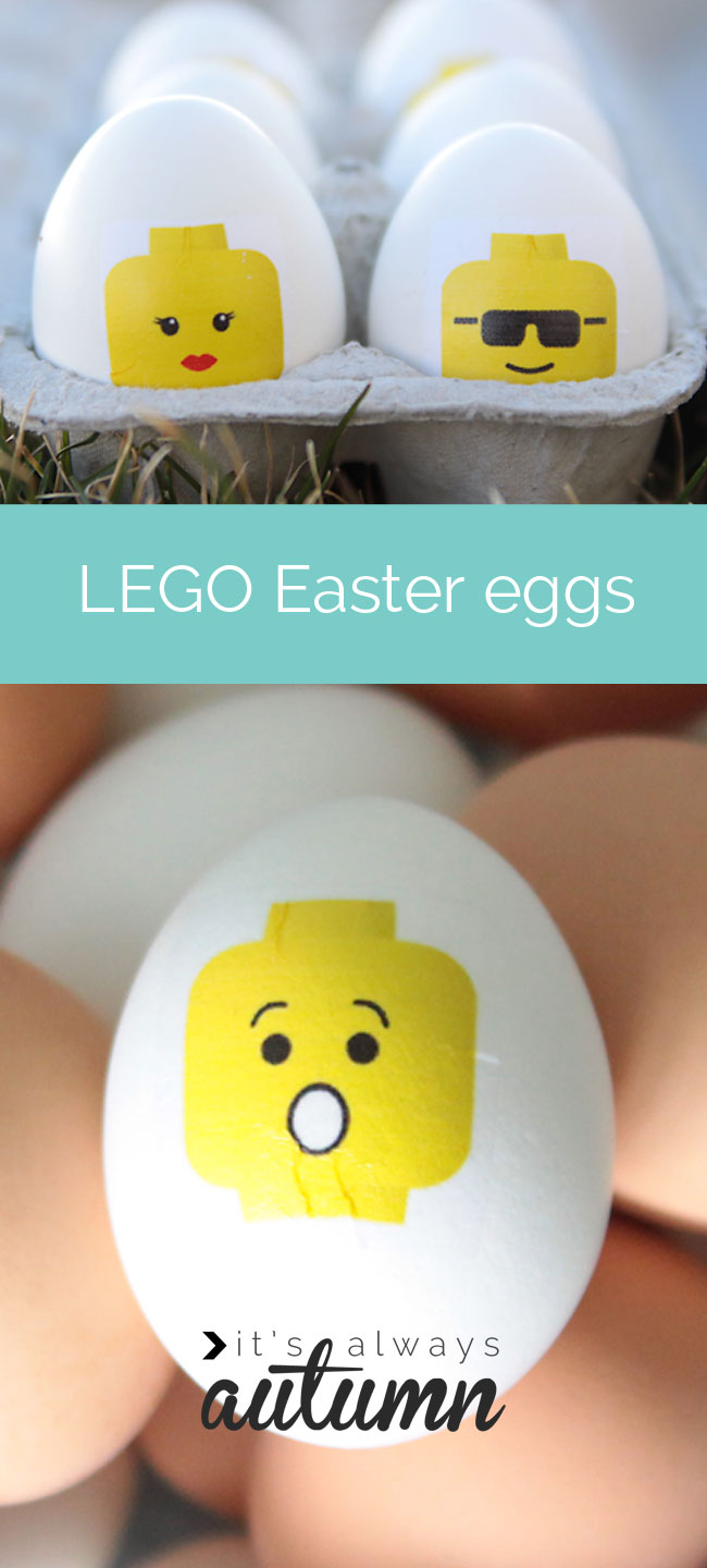 Easter eggs decorated with yellow lego minifigs