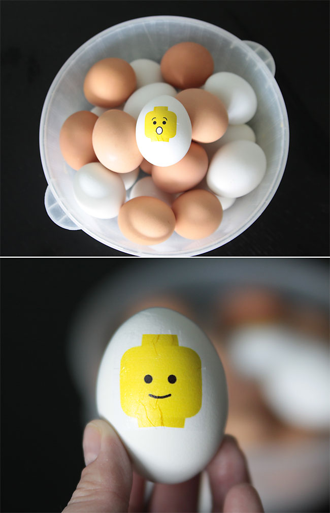 bowl of eggs, one with LEGO face on it