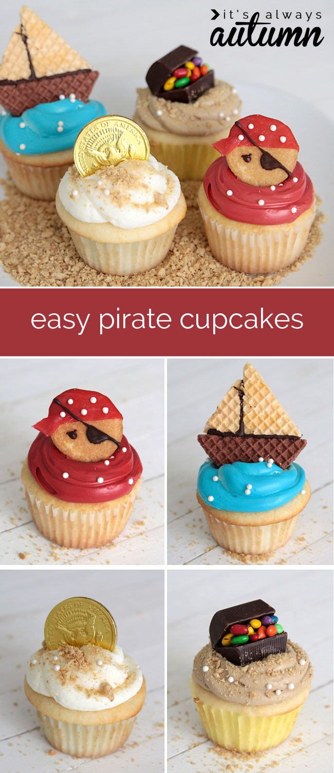 cupcakes decorated to look like pirate, pirate ship, gold dubloon, treasure chest