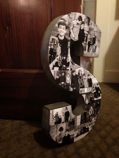 Photo gift idea: Large wood letter S covered in black and white photos