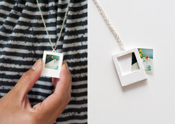 Small photo necklace that looks like a polaroid