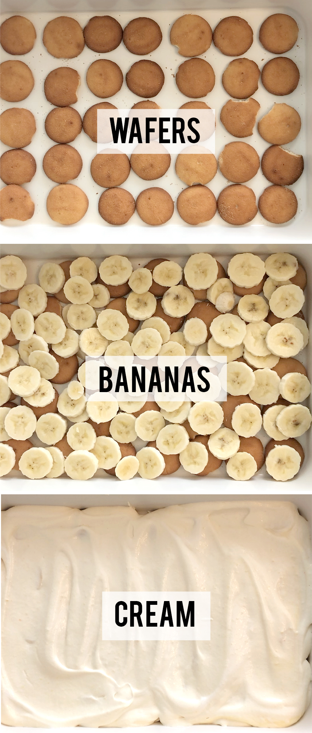 Layers of Banana pudding: wafers, bananas, pudding mixture
