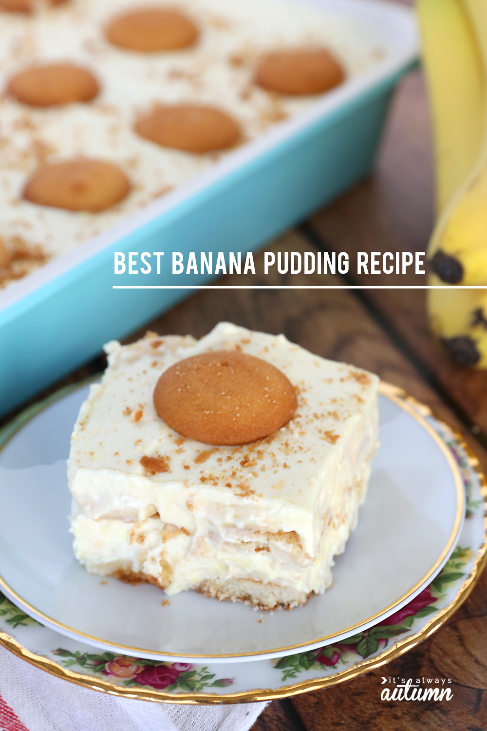 A slice of banana pudding on a plate.