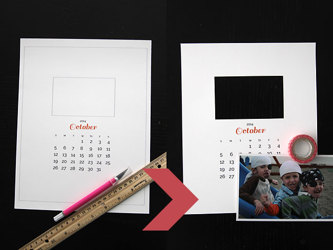 Printable calendar with window cut out for photo