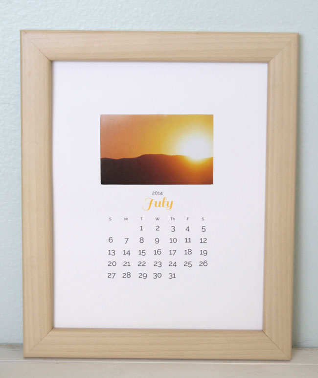 Printable calendar with photo of sunset in a frame