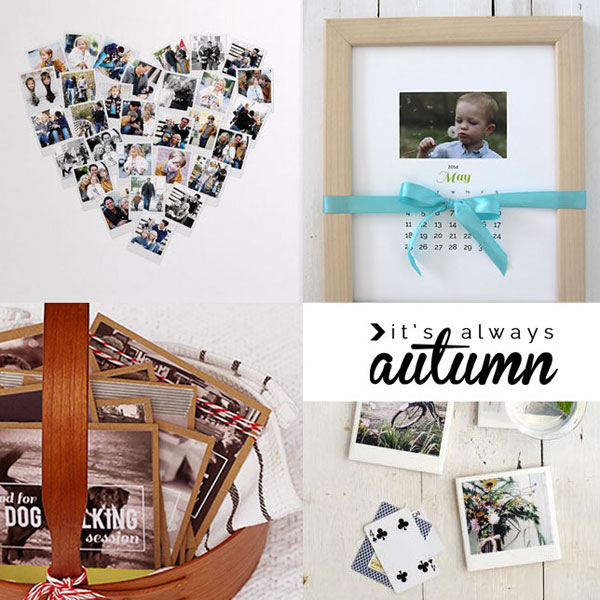 Collage: photos in the shape of a heart; photo calendar; photo coupons in a basket, photo coasters