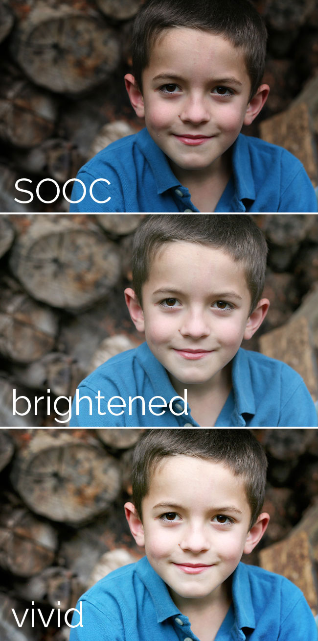 A little boy standing in front a log pile and edited versions of the same photo