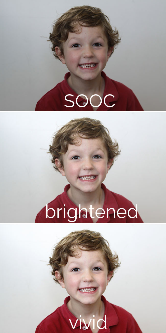 A young boy who is smiling and looking at the camera and brightened version of the same photo