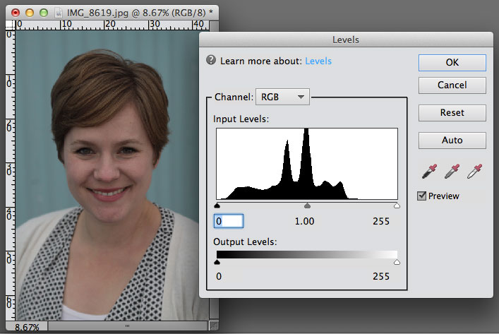 A photo of a woman and the levels tool opened in photoshop elements