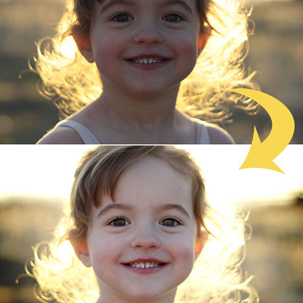 A little girl smiling at the camera and a brightened version of the same photo