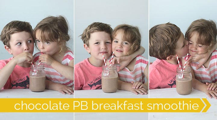 A little boy and girl sharing a chocolate smoothie