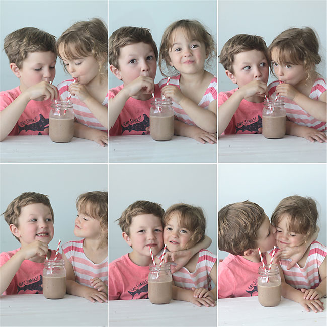 brother and sister drinking chocolate peanut butter breakfast smoothie