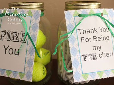 Jar with golf balls and golf tees with tag for teacher