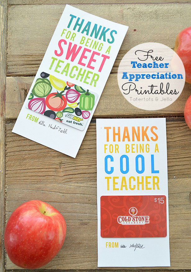 Teacher appreciation printable gift card cards