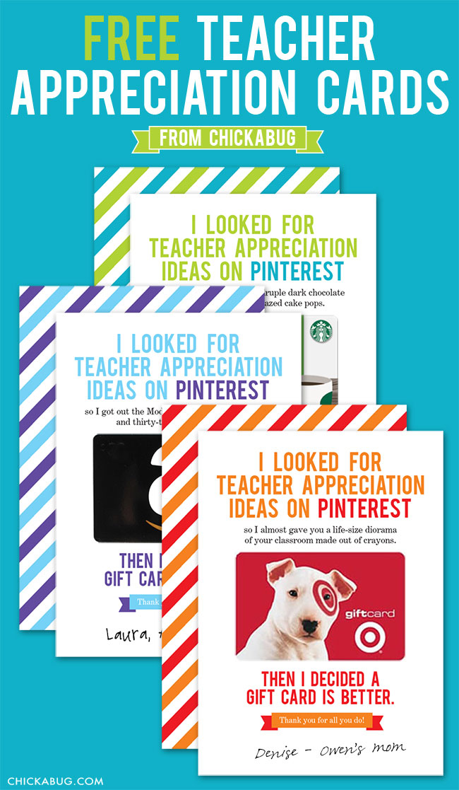 Printable cards to use for giving gift card to teachers