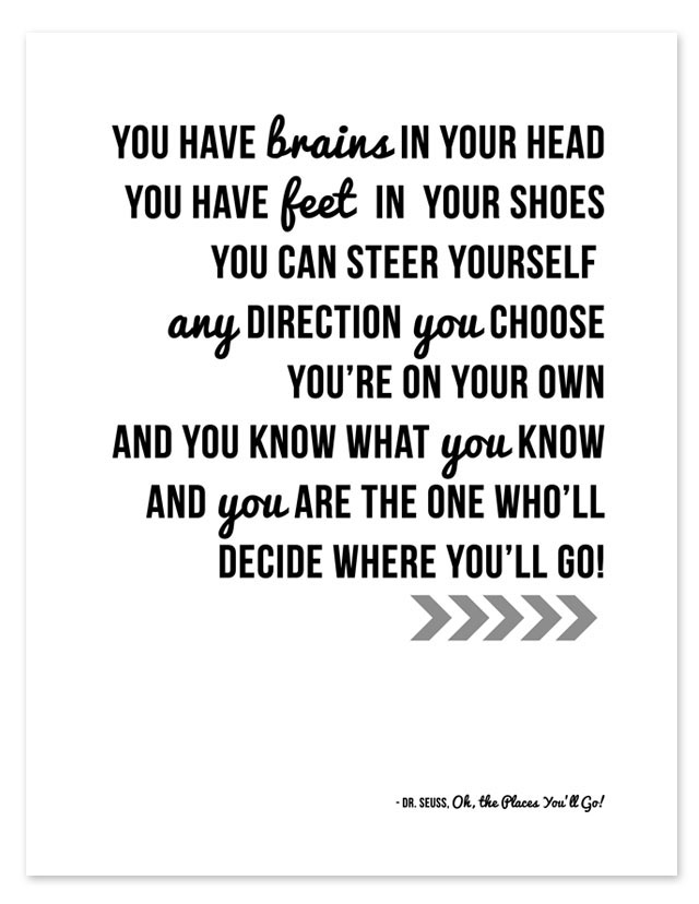 You have brains in your head, you have feet in your shoes, you can steer yourself any direction you choose. You\'re on your own and you know what you know and you are the one who\'ll decide where you\'ll go. Quote printable