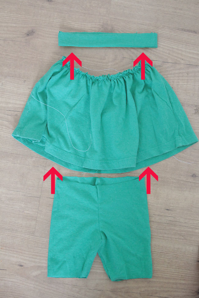 Shorts go inside gathered skirt, which goes inside waistband