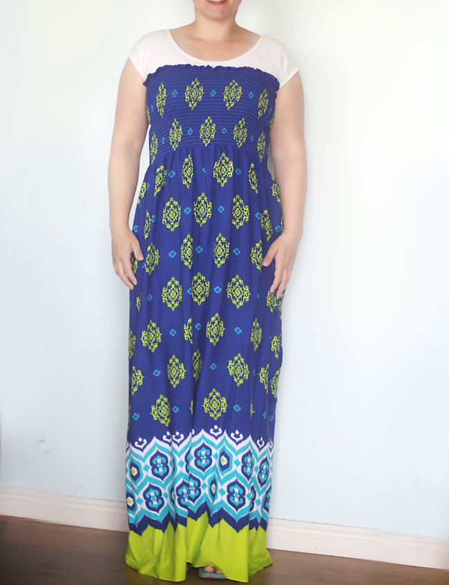 A woman wearing a DIY maxi dress that\'s ruched on top