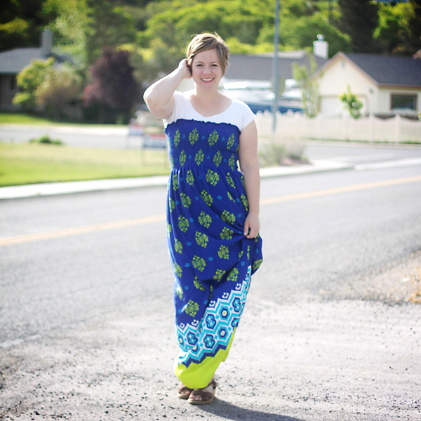 A woman wearing an easy to sew maxi dress